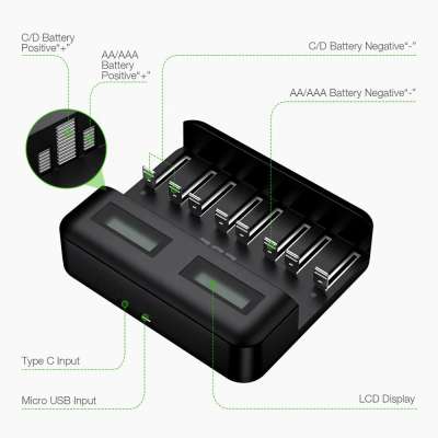 New Universal LCD Battery Charger 8 Slots Ni-MH Ni-CD AA AAA C D Battery Charger with 2A USB Input